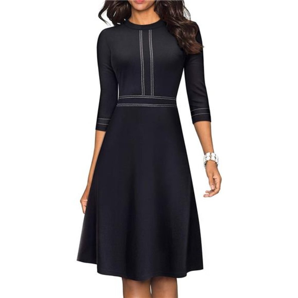 Women's Chic Crew Neck 3/4 Sleeve Aline Dress, Black
